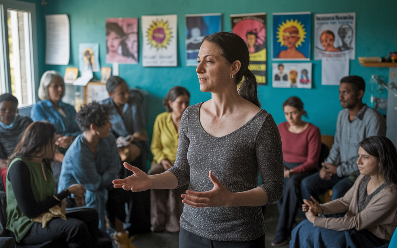 A heartfelt scene showing Maria leading a mental health support meeting in Venezuela. The backdrop reflects a community center decorated with hopeful artwork and posters promoting mental wellness. A diverse group of individuals, young and old, are engaged in discussion, some showing signs of healing and openness. Soft lighting filters through the windows, creating an intimate and safe space, emphasizing the importance of community support and resilience in overcoming trauma.