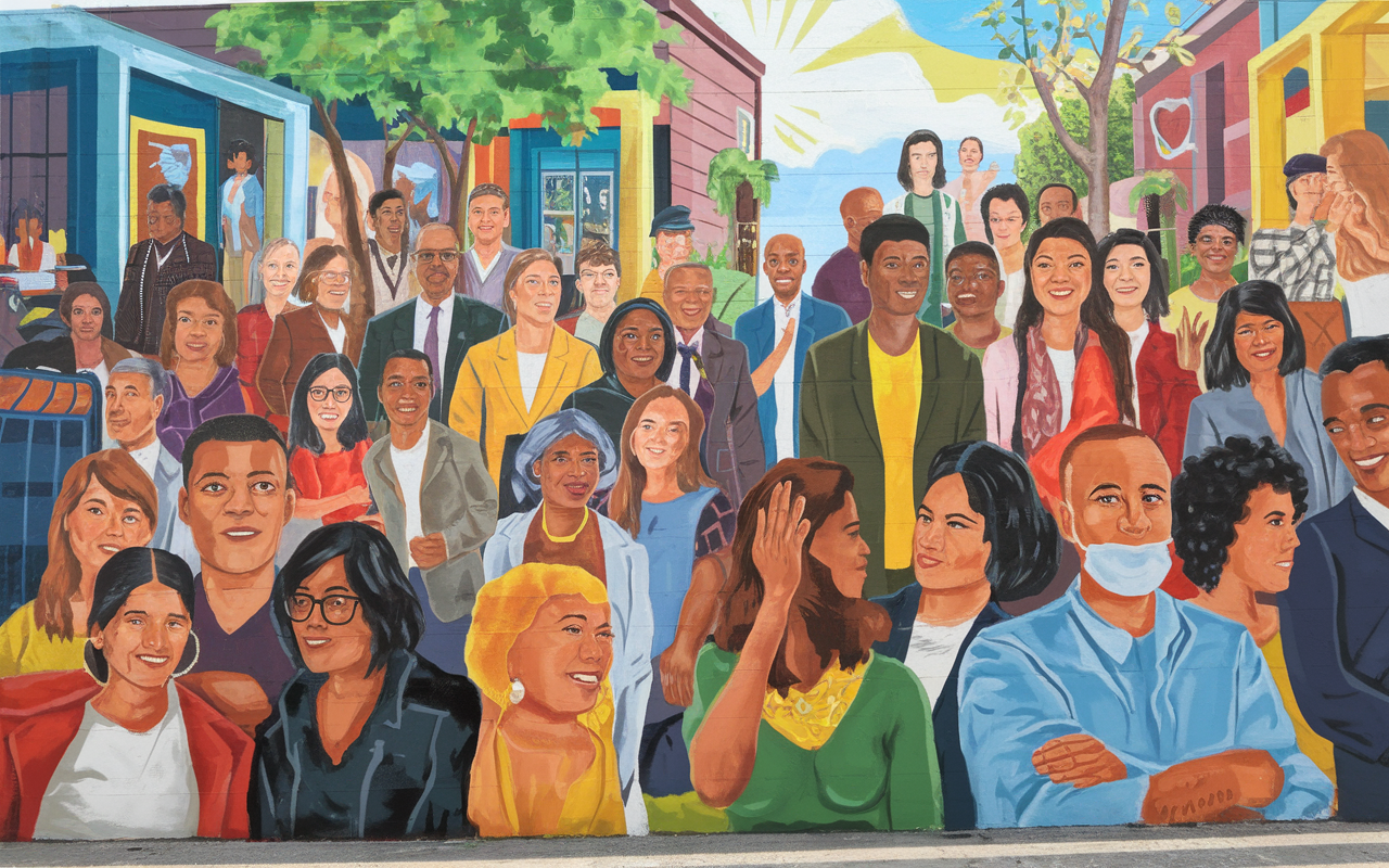 A vibrant mural depicting a gathering of global health workers from diverse backgrounds engaged in community health initiatives. Each individual showcases their unique contributions, against a backdrop of a colorful community space filled with life and hope. Lively colors embody the strength, resilience, and collaborative spirit shared amongst them. The scene conveys a strong message of unity and commitment to improving global health, with natural sunlight creating a warm and optimistic atmosphere.