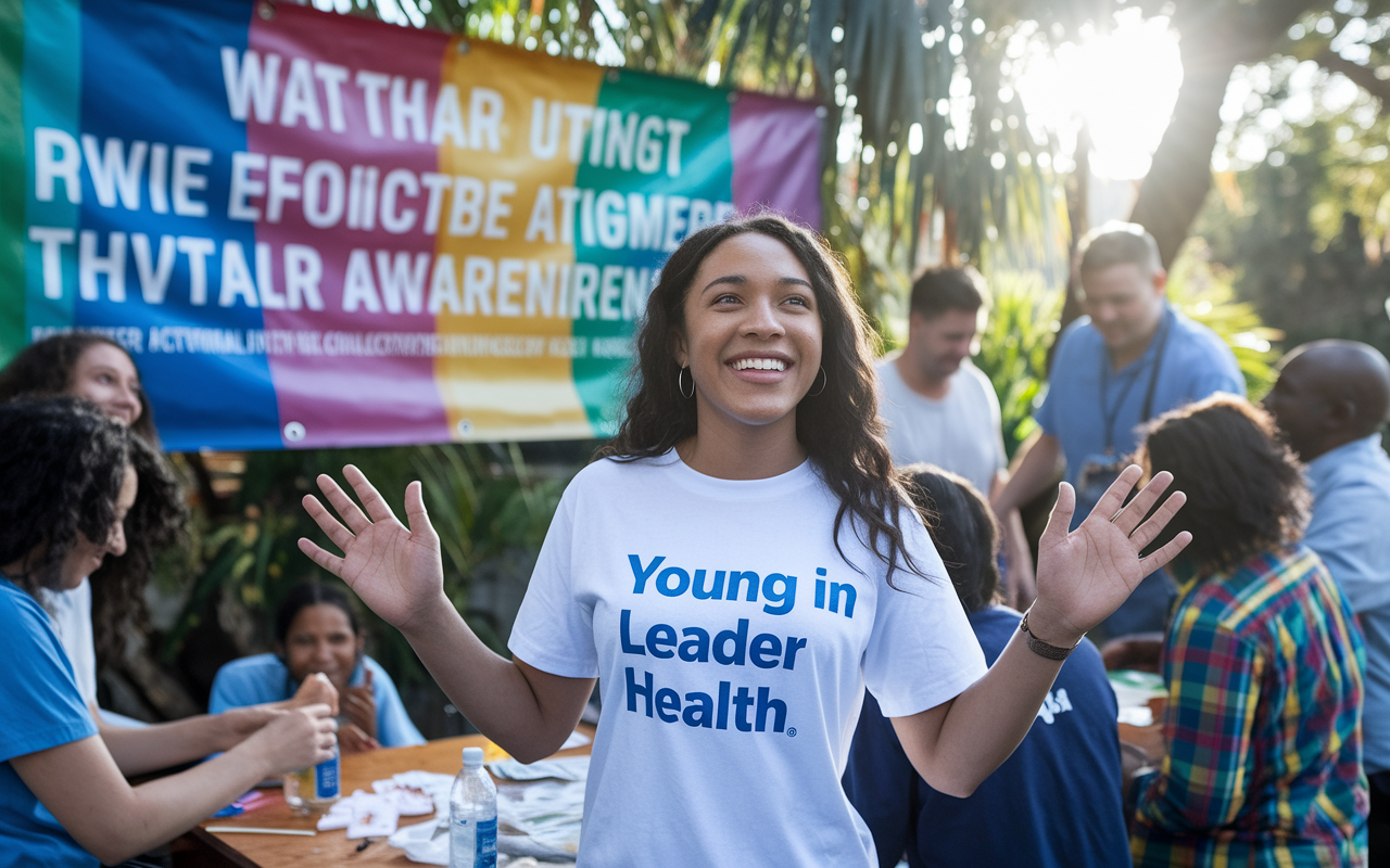 A young leader in global health, joyfully interacting with local communities during a workshop. The volunteer stands in front of a colorful banner promoting health awareness, with excited participants of diverse backgrounds engaging in activities around them. The environment is filled with vibrant colors, capturing the energy and enthusiasm of the collective mission, while the sunlight filters through the trees, creating a lively and welcoming atmosphere.