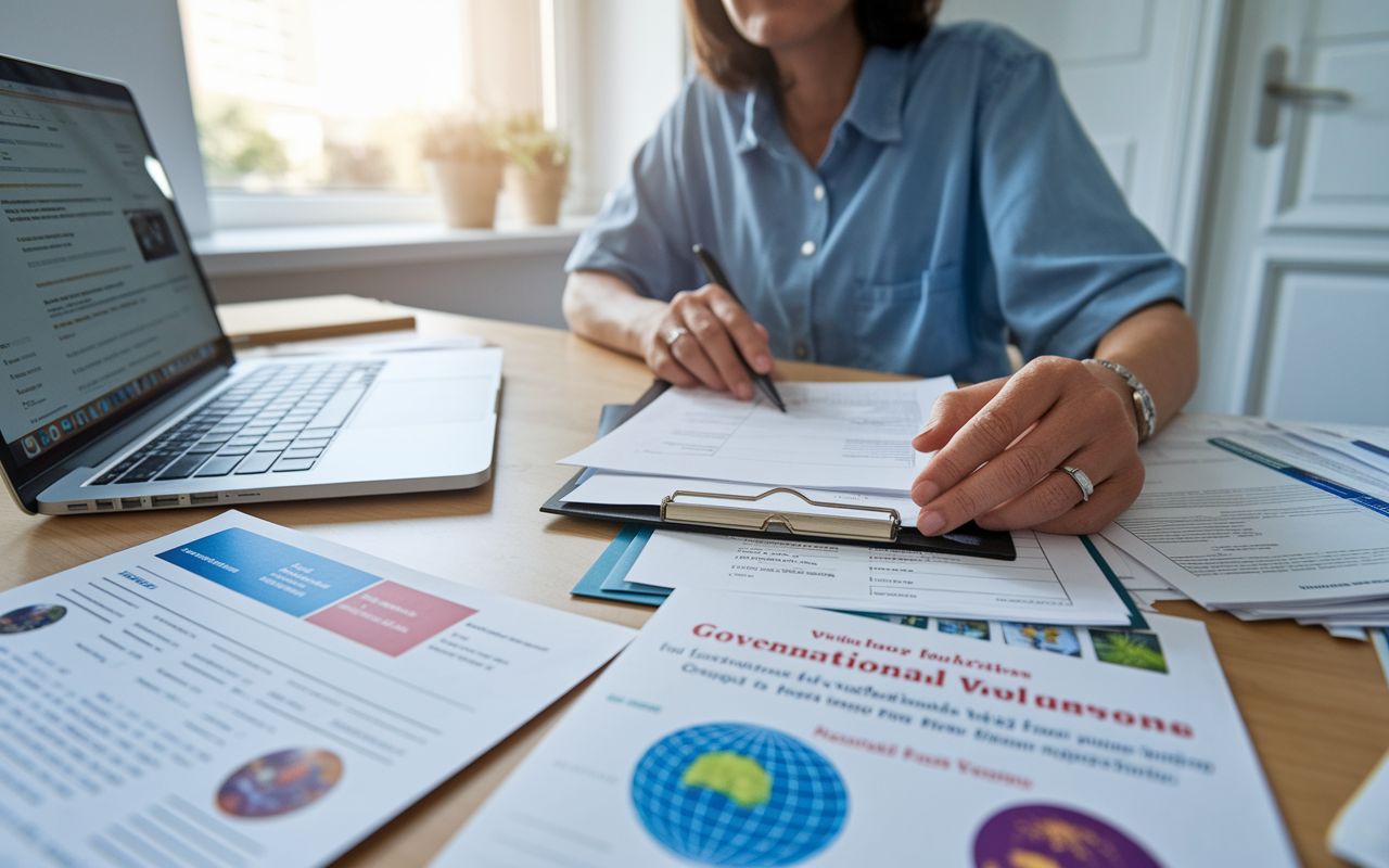 A dedicated volunteer sitting at a desk filled with applications and brochures related to government programs for international volunteer work. The scene captures the volunteer’s intense focus, with a laptop open displaying potential funding sources, and papers scattered about depicting various global health initiatives. The room is bright and inviting, with light filtering through a window, symbolizing hope and determination.