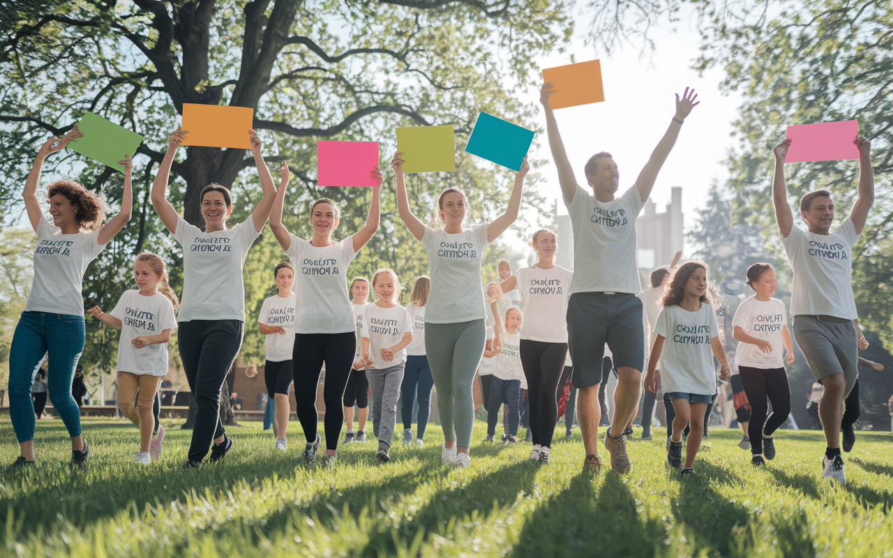 A lively community gathering for a charity walk in a scenic park, with enthusiastic participants wearing branded t-shirts and holding up signs. Colorful banners flutter in the breeze, and families enjoy the atmosphere of support and collaboration, with trees and green grass providing a vibrant backdrop. The sunny day adds to the joyful energy, depicting a successful fundraising effort.