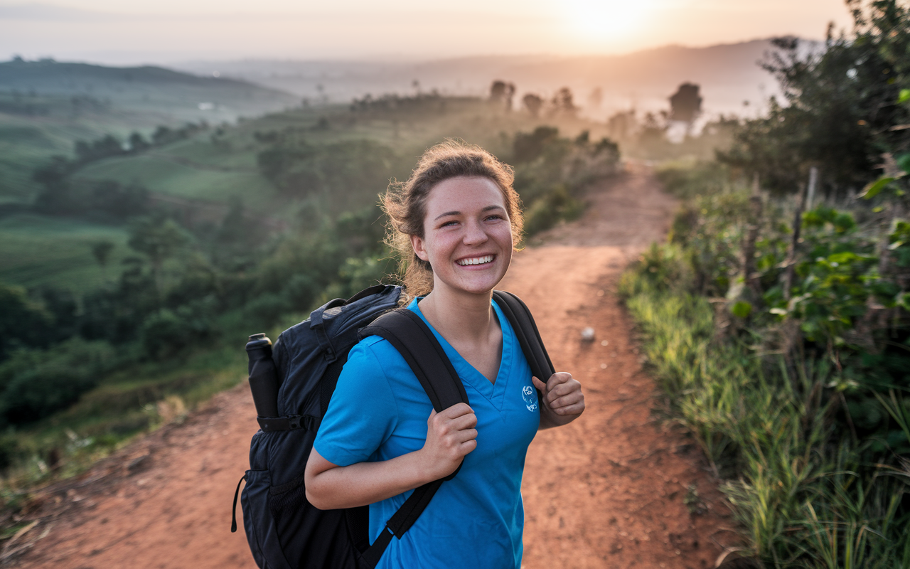 A determined young volunteer, backpack slung over shoulder, walking towards a distant village in a developing country. The sun rises behind them, illuminating the path ahead, symbolizing hope and new beginnings. The landscape showcases rolling hills and lush vegetation, evoking a sense of adventure and purpose. The volunteer’s expression reflects excitement and commitment to making a difference in global healthcare.