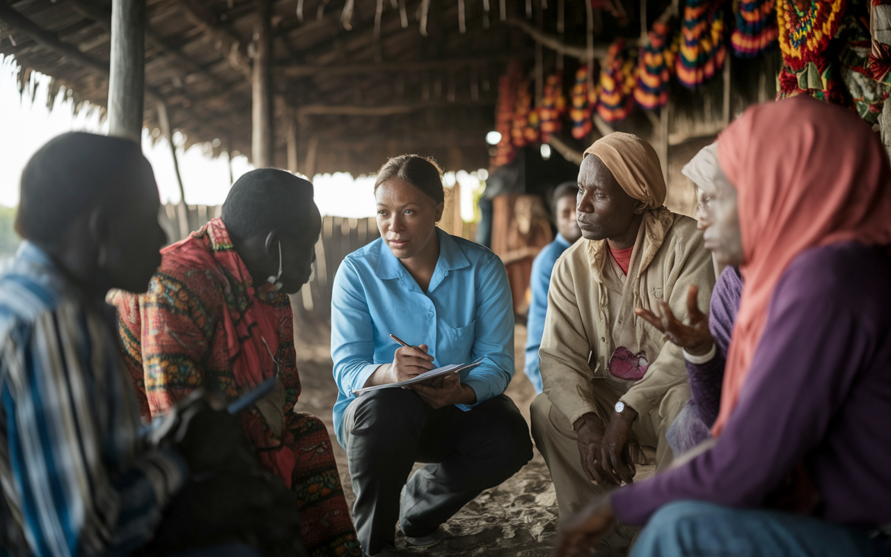 A healthcare professional having a dialogue with a group of local community members in a rural setting, discussing family planning. The atmosphere reflects tension and respect as traditional elements, such as decorations and clothing, highlight local customs. The health worker is listening intently, taking notes, while community members express their beliefs. Soft sunlight casts warm tones, symbolizing the importance of respectful dialogue.