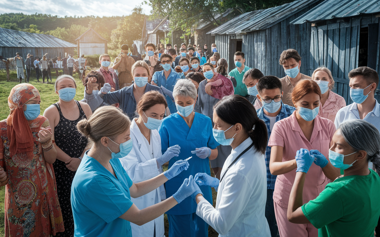 A vivid scene depicting diverse healthcare workers and local volunteers collaboratively distributing vaccines in a rural village during a pandemic. The backdrop shows various community members of different ages and backgrounds lined up, receiving vaccines with a sense of hope and urgency. Bright colors represent diversity, while an atmosphere of unity and resilience is palpable. The scene is filled with natural light, representing optimism.