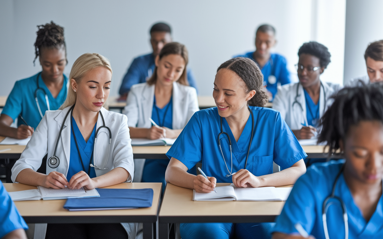 A classroom setting where healthcare professionals participate in a training workshop on global health ethics. A dynamic instructor uses multimedia presentations, with engaged attendees from diverse backgrounds taking notes and participating in discussions. The room is well-lit with an atmosphere of learning and collaboration, showcasing the commitment to ethical practice in healthcare.