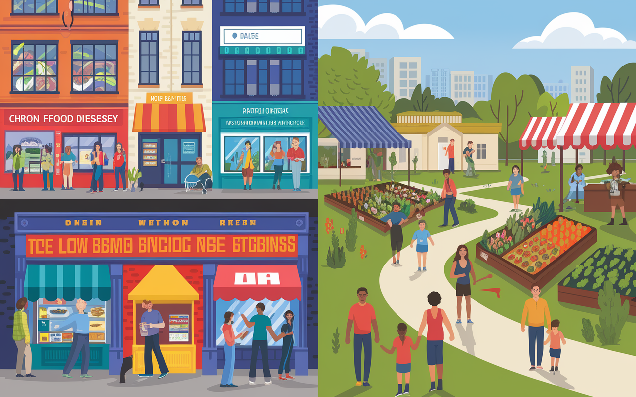 A dual-scene illustration depicting two contrasting health environments. On the left, a busy urban area with individuals facing chronic diseases like diabetes and obesity, evidenced by fast-food outlets and a lack of green spaces. On the right, a vibrant community focused on healthy living, with farmers' markets, jogging paths, and children playing. The scene symbolizes the disparity in access to health resources and the importance of addressing these issues through effective public health policies. Use bright, contrasting colors to emphasize the disparities.