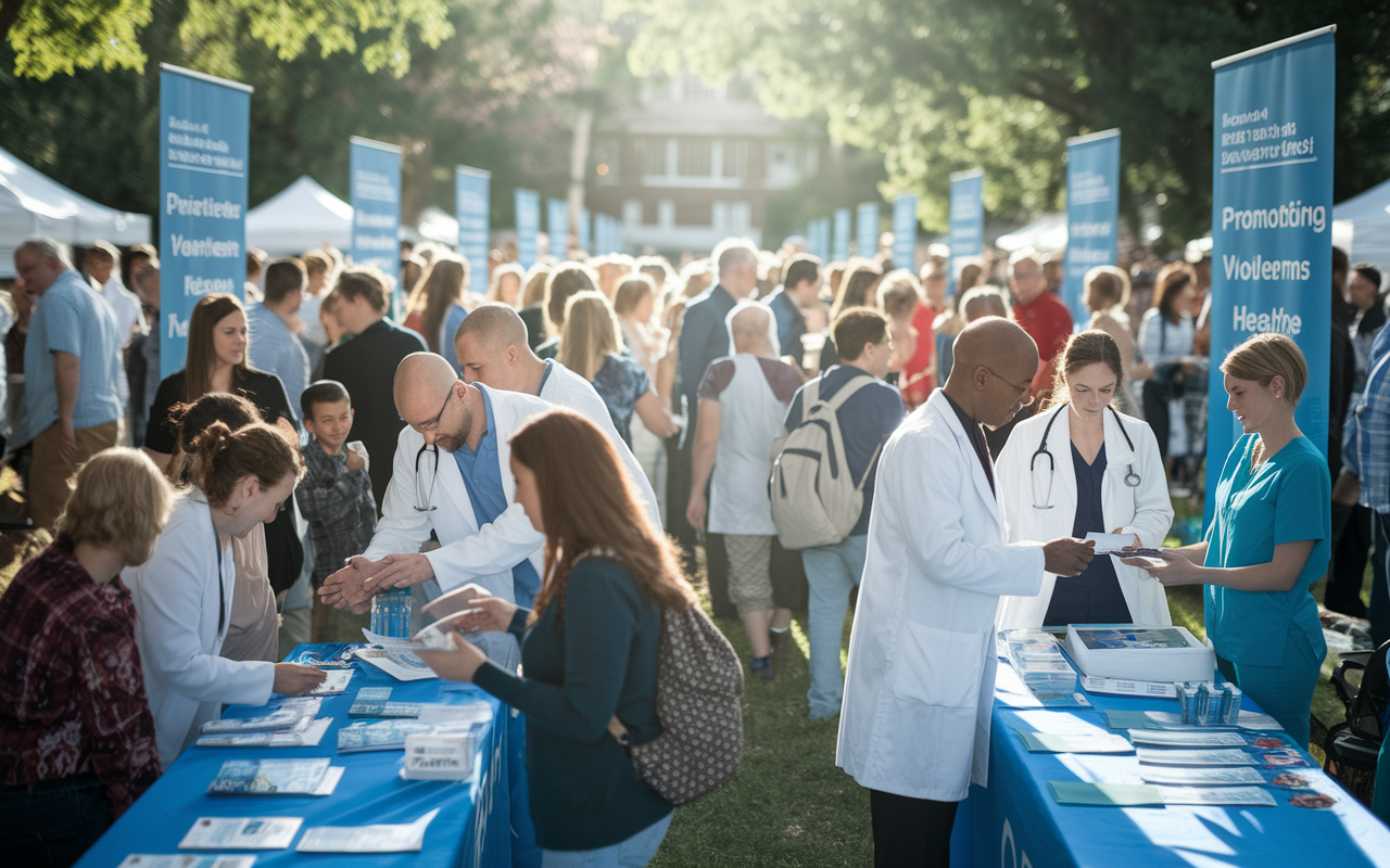 An inspiring scene of physicians at a community health fair, actively engaging with diverse groups of attendees. Physicians are at booths set up with health resources and educational materials, discussing topics such as vaccination and chronic disease prevention. The atmosphere is lively, filled with people of all ages, with banners promoting health and wellness. Sunlight filters through the trees, creating a warm and welcoming environment. The image conveys a sense of community involvement and empowerment.