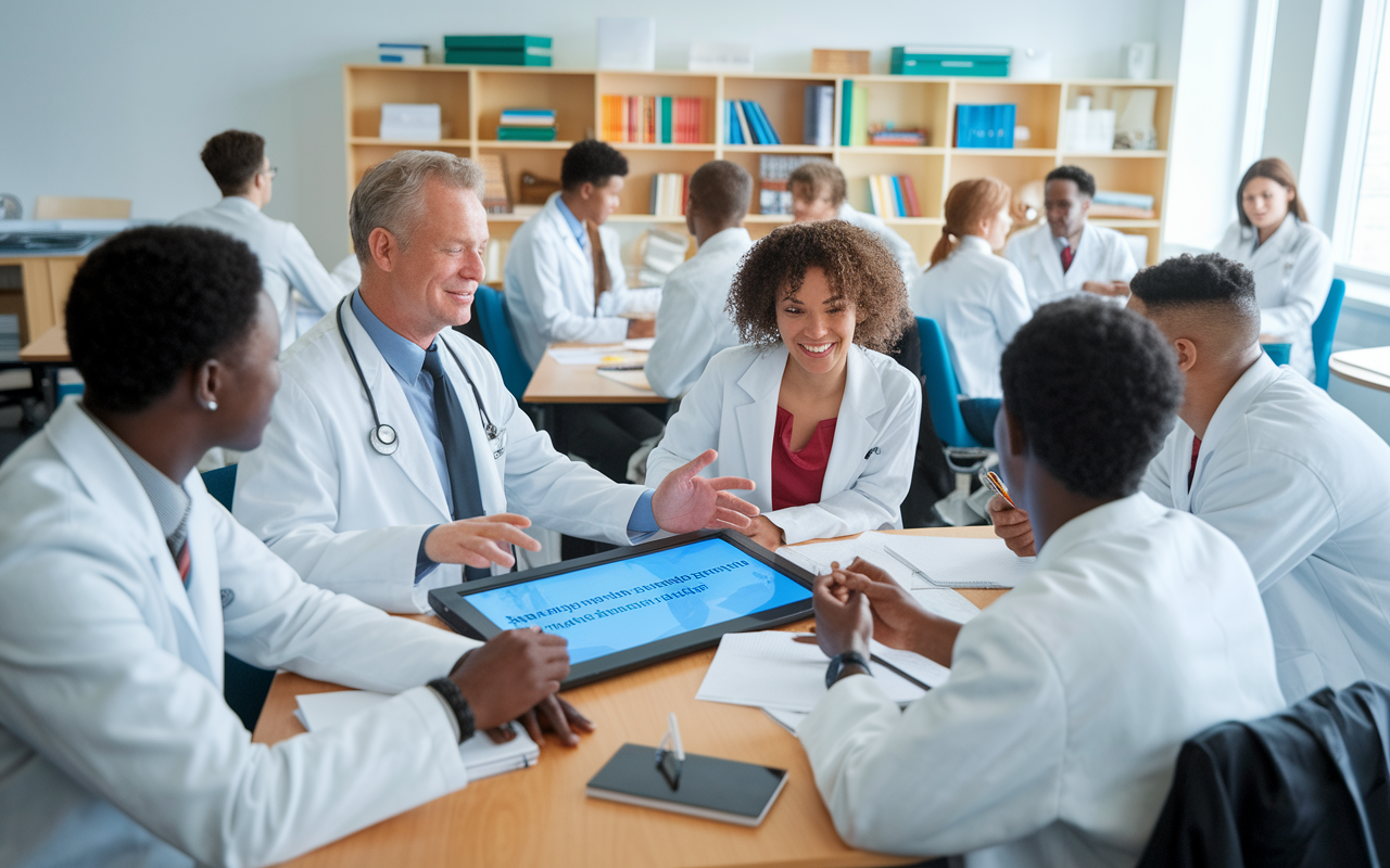 A classroom scene filled with enthusiastic medical students engaged in a hands-on public health policy workshop. The instructor, a seasoned physician, is using a digital interactive board to present case studies on health disparities. Students are actively discussing and collaborating in groups, showcasing diversity and a shared commitment to public health. The room is bright, colorful, and filled with educational materials, representing a vibrant learning environment aimed at fostering future leaders in public health.