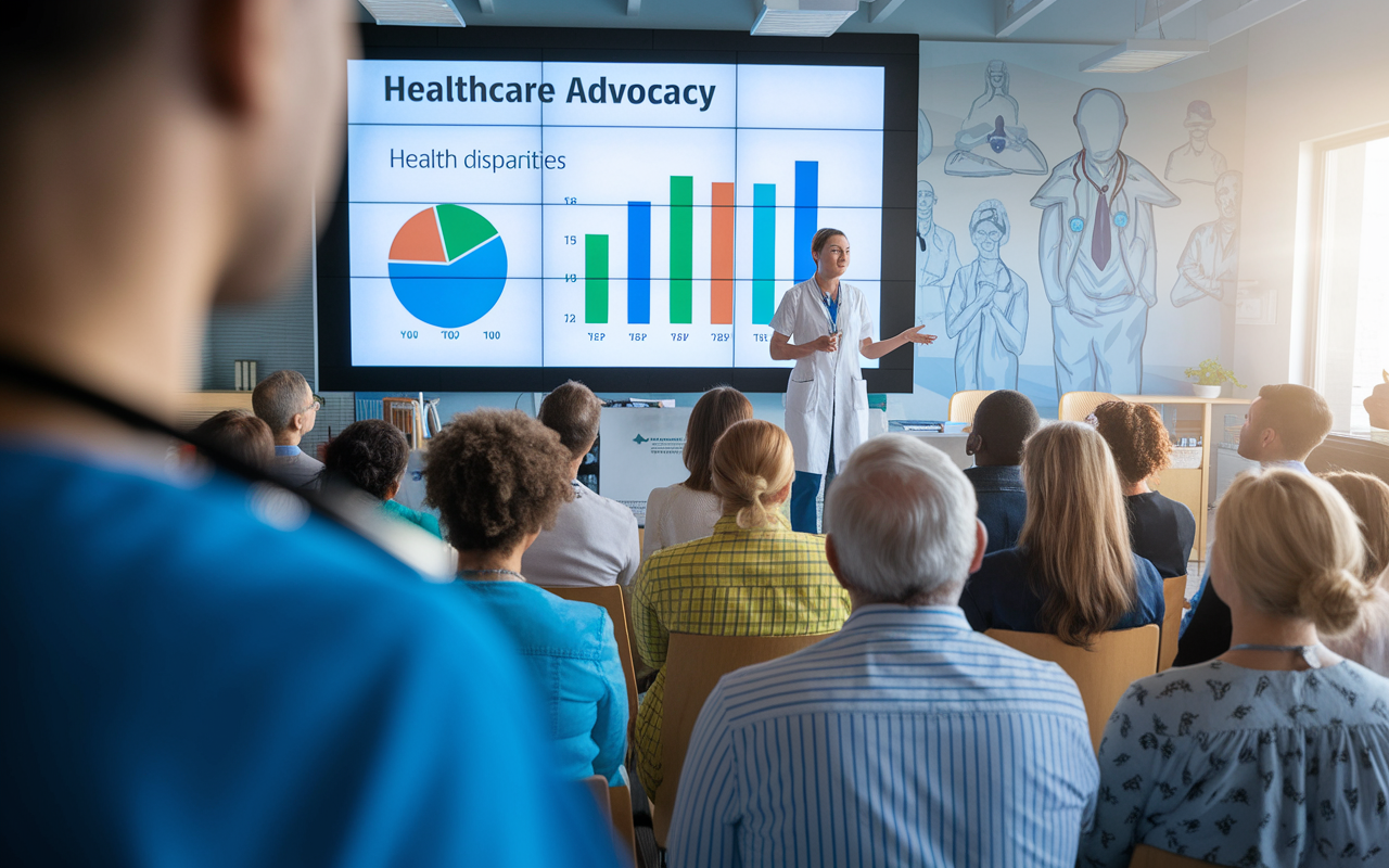 A close-up view of a passionate healthcare professional standing in front of a group, presenting a detailed presentation on healthcare advocacy. The background displays a large screen with charts showing health disparities, while the audience, comprising diverse attendees, listens intently. The atmosphere is dynamic and engaging, with natural light flooding the room. Realistic details show a modern healthcare setting with medical illustrations on the wall.