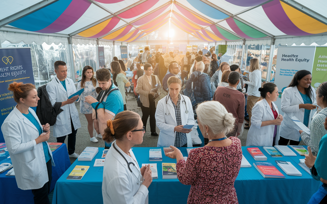 A vibrant scene depicting healthcare professionals networking at a community health fair. Various booths are set up with pamphlets and interactive displays about patient rights and health equity. A diverse group of attendees, including families and seniors, engages with healthcare workers. Bright banners and visuals create a festive atmosphere while sunlight filters through the tent, enhancing the camaraderie.