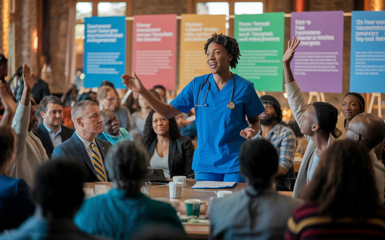 A healthcare professional speaking passionately at a town hall meeting filled with community members. A government representative is seated at the front, listening attentively while audience members participate with raised hands. The setting is warmly lit, with colorful posters emphasizing health issues in the background. The atmosphere is charged with civic engagement and community spirit.