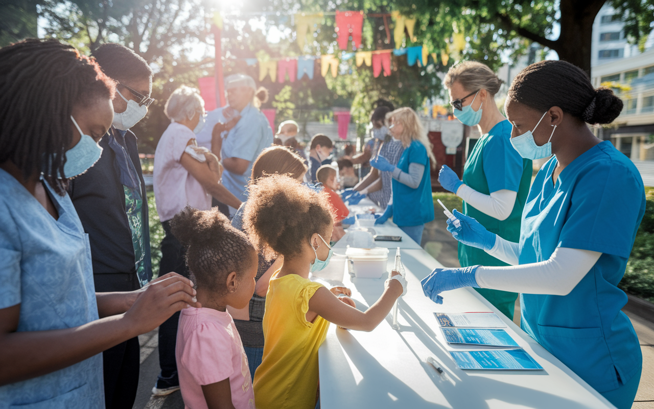 An urban setting where healthcare workers are conducting a free vaccination drive in a community park. Families line up with their children, receiving vaccinations amid colorful banners promoting health awareness. Sunlight filters through trees, creating a warm, inviting atmosphere. Healthcare professionals in scrubs are smiling, interacting with community members, and providing educational pamphlets, encapsulating the essence of community health initiatives.