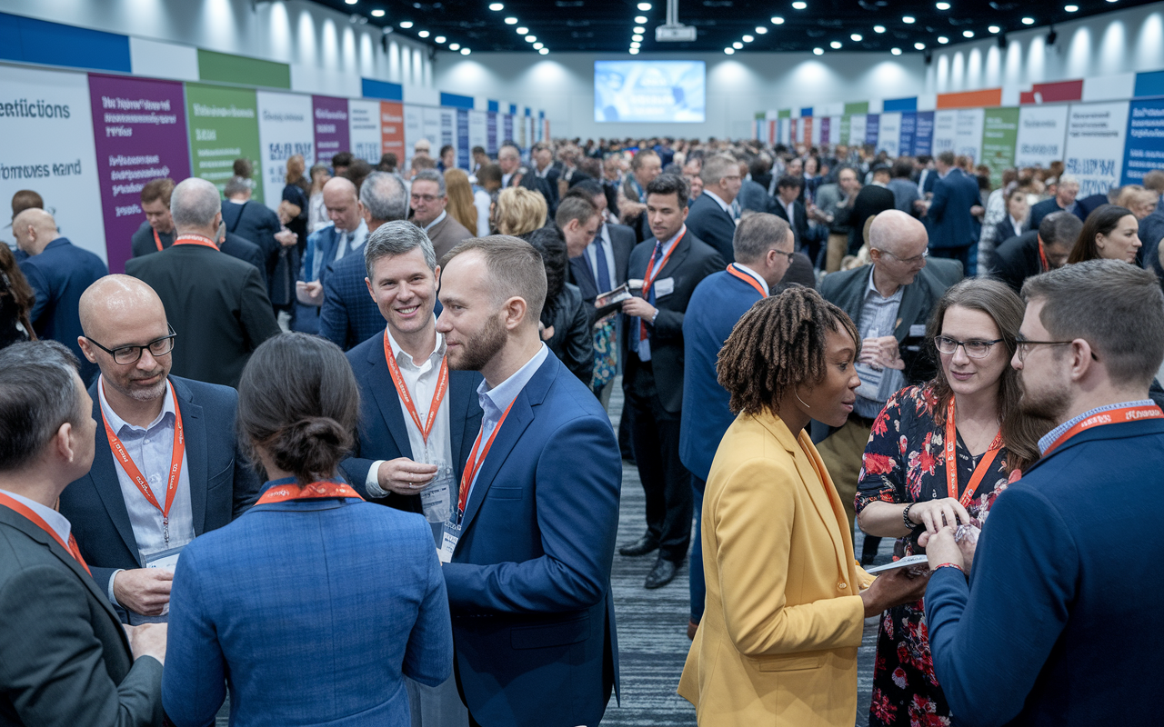 A vibrant networking event taking place in a healthcare conference. Clinicians and policymakers engage in lively discussions, exchanging business cards and knowledge. Colorful banners and informative booths line the background, and a projector displays key health statistics. Attendees of various ethnicities are animated and focused, emphasizing the importance of collaboration and community in healthcare advocacy.