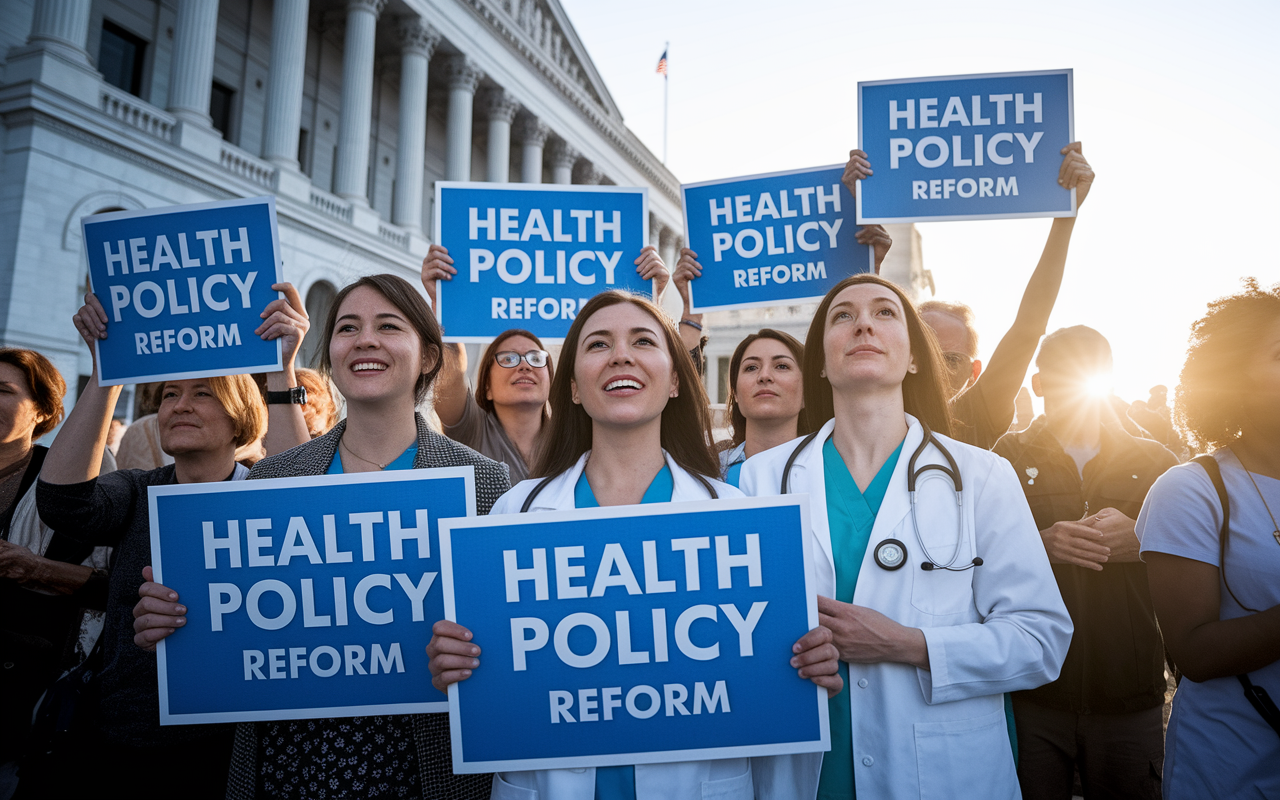 A group of healthcare professionals gathered outside a legislative building, passionately holding signs advocating for health policy reform. The backdrop includes the building’s classic architecture and supportive citizens demonstrating. The energy of the scene reflects hope and determination, with the sun setting, casting a golden hour glow, as the activists unite their voices for systemic change.