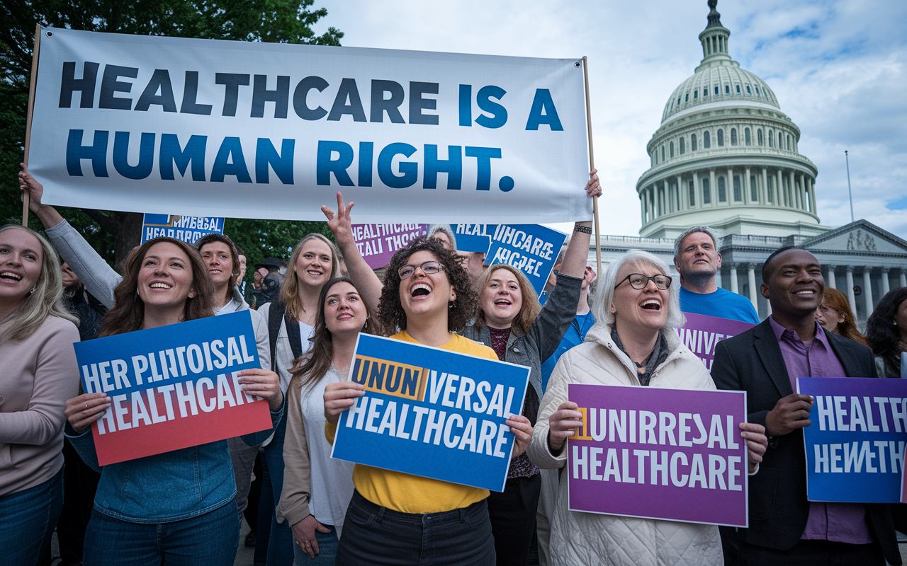 A dynamic scene of a diverse group of healthcare advocates rallying outside the Capitol with posters advocating for universal healthcare. The group is animated and engaged, with passionate expressions. Behind them, a large banner reads 'Healthcare is a Human Right,' underscored by the iconic Capitol dome in the background, symbolizing the conjunction of grassroots activism and legislative change.