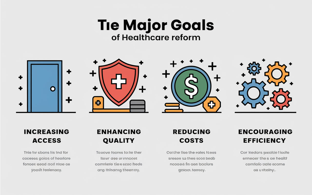 An informative infographic depicting the four major goals of healthcare reform: increasing access, enhancing quality, reducing costs, and encouraging efficiency. Each goal is represented with relevant icons like a open door for access, a shield for quality, a dollar sign for cost reduction, and gears for efficiency. The design is colorful, modern, and easy to read, aiming to clearly communicate the essential aspects of health reform in healthcare.