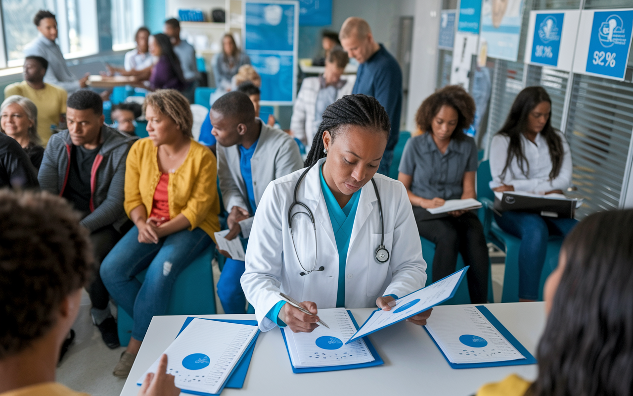 Inside a busy community health clinic, a physician is examining patient charts, noticing trends of chronic diseases like diabetes and hypertension among patients of lower socio-economic backgrounds. The room is filled with diverse patient families, some waiting for appointments. The atmosphere conveys urgency and concern, with charts showing statistics about health disparities. The physician appears thoughtful and committed, highlighting the seriousness of their observations in action.