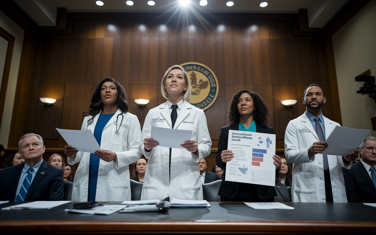 A group of determined physicians standing before a legislative committee, passionately testifying about the need for equitable health policies. The setting is a formal legislative hearing room, with officials listening intently. The physicians are holding documents and charts illustrating health disparities. The mood is serious yet hopeful, with soft overhead lighting emphasizing the intensity of their advocacy.