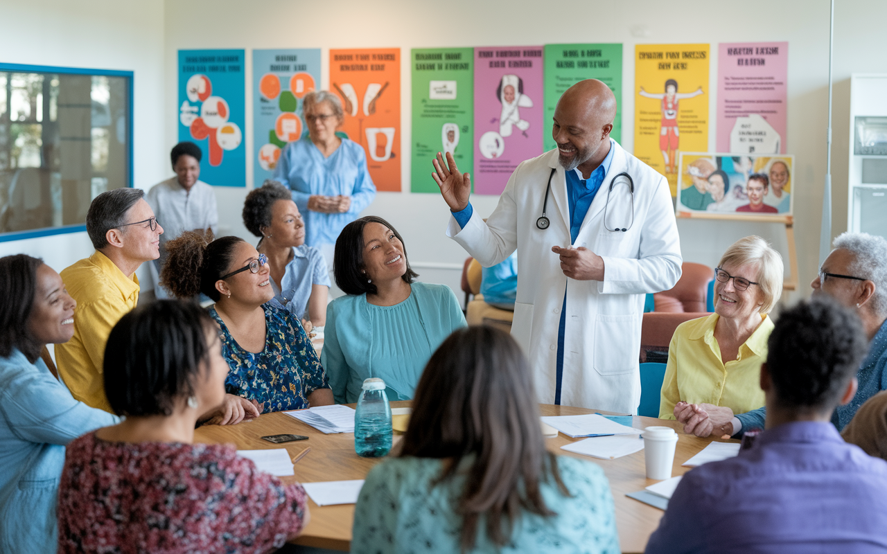 A physician and a community leader conducting a health education workshop in a local community center. The room is vibrant and filled with community members listening attentively, with colorful posters on the walls illustrating health risks and resources. The physician is using engaging visuals, promoting preventive care and health literacy. The atmosphere is warm and inviting, fostering community engagement and empowerment.