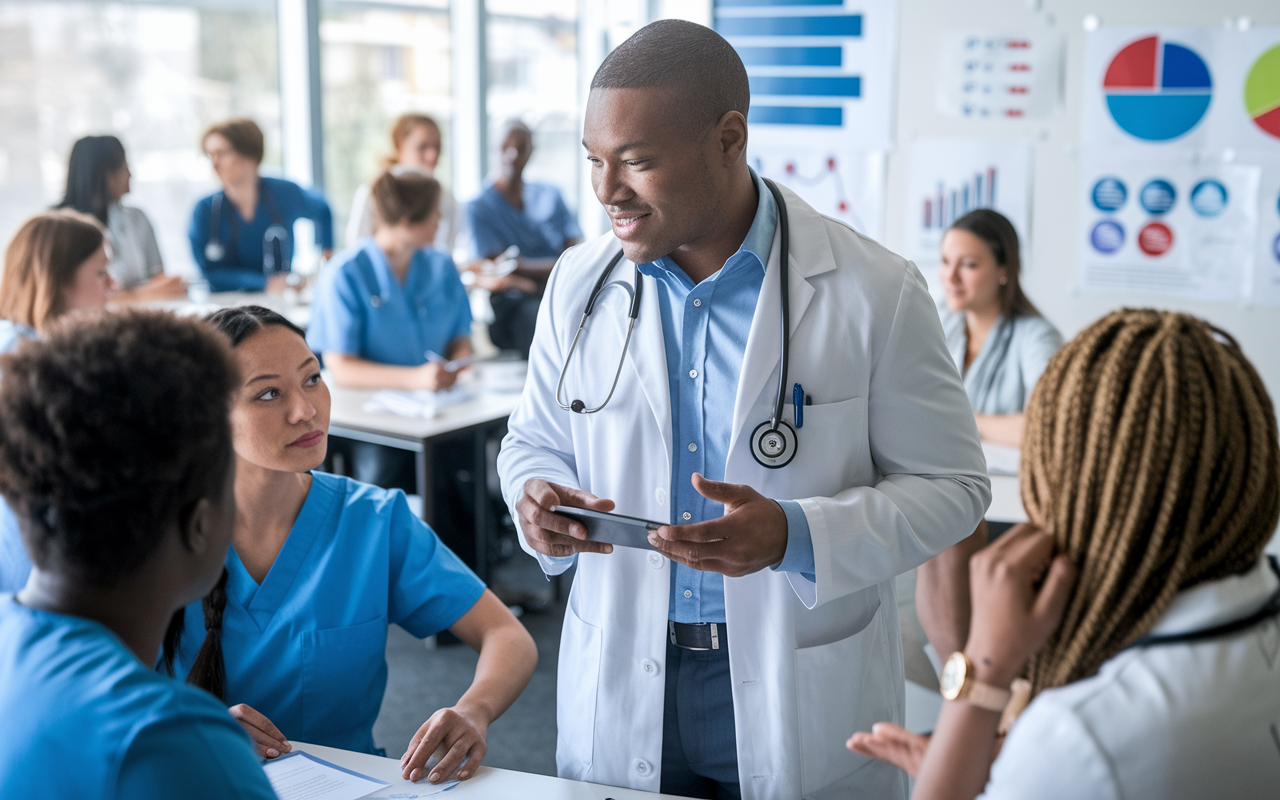 A physician engaging in an implicit bias training session with fellow healthcare professionals. The room is bright, with charts and visuals displayed, fostering dynamic discussion. Participants are actively engaged, sharing personal experiences and solutions to combat biases in their practices. The atmosphere is collaborative and introspective, reflecting a commitment to improving patient care outcomes through understanding and awareness.