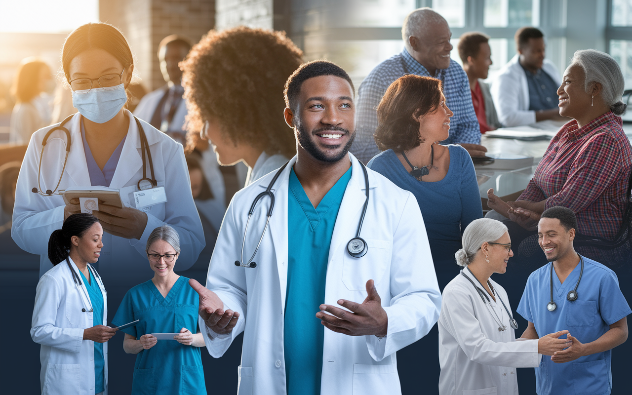 A montage depicting physicians engaged in various advocacy activities for health equity—speaking at community events, collaborating in meetings, and educating patients. The background showcases a diverse community actively participating, reflecting hope and inclusion. Soft golden hour lighting adds warmth and inspiration to the visual, symbolizing a brighter future for equitable healthcare access.