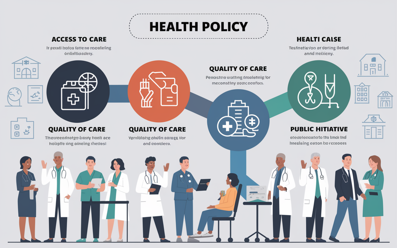 A detailed infographic highlighting the key components of health policy, featuring symbols for access to care, quality of care, healthcare costs, and public health initiatives. Each component is visually represented with engaging icons and brief descriptions, set against a backdrop of healthcare-related imagery, like clinics and patients receiving care. The design is modern and informative with a balanced color palette and clear typography.