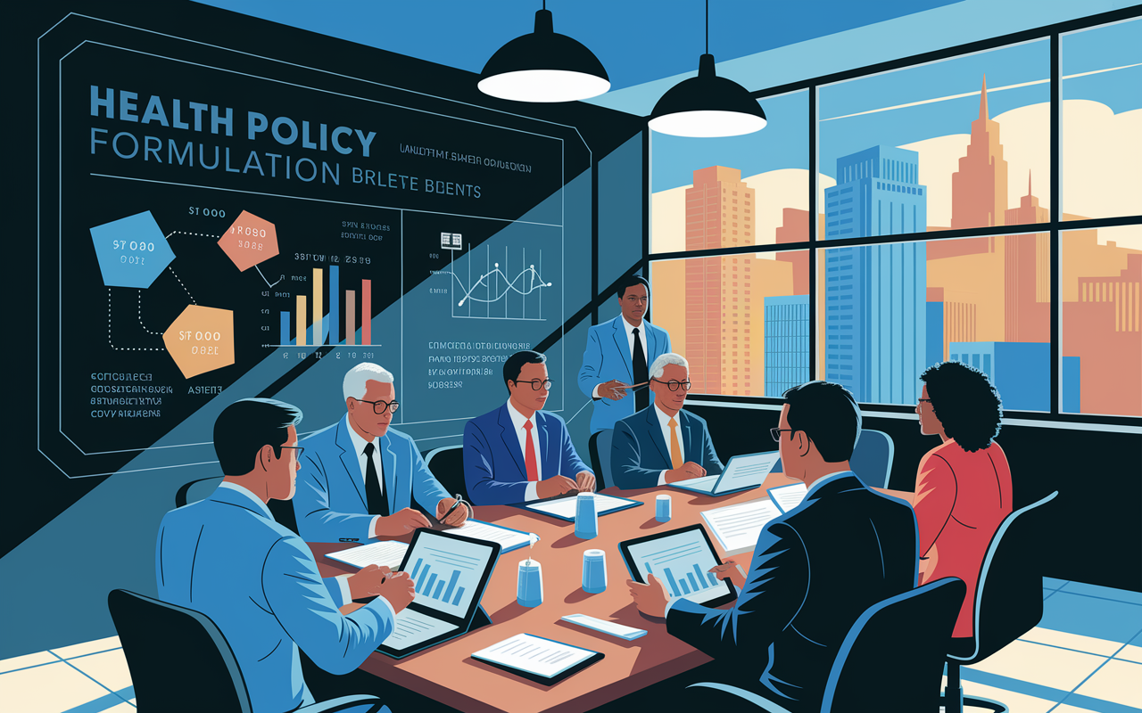 An engaging illustration capturing the dynamic process of health policy formulation. This scene depicts a roundtable meeting with diverse participants analyzing data and discussing potential legislation. Visual elements include flow charts, charts with statistics, and digital tablets. The environment is modern, with bright overhead lights and a large window showing a cityscape, signifying a progressive approach to health policy development.