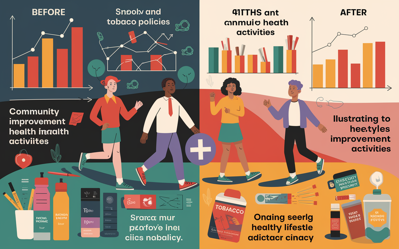 A visual narrative showing the effectiveness of tobacco control policies. The scene contrasts before and after images of smoking rates in a community, depicted through vibrant graphs and community health improvement stories. The backdrop includes images of tobacco products being replaced by healthy lifestyle activities. The artwork is colorful and motivational, illustrating positive change and public health advocacy.