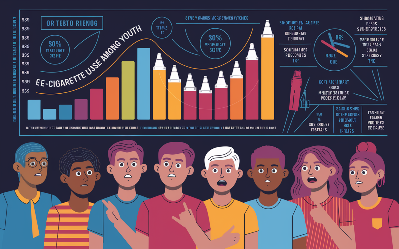 An infographic-style image depicting a vibrant, eye-catching chart illustrating the rising trends of e-cigarette use among youth. The backdrop is a colorful, engaging design that includes relevant statistics and images of e-cigarettes. In the foreground, a group of young advocates is discussing these findings passionately, with facial expressions showing concern and determination, symbolizing the urgent need for policy change.