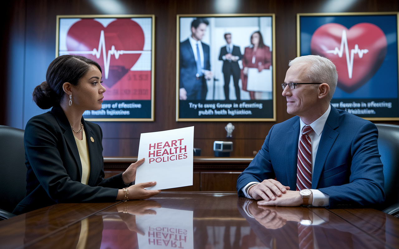 A professional lobbyist meeting with a legislator in an elegant office setting, presenting a well-crafted advocacy packet about heart health policies. The images on the walls reflect health statistics and public health initiatives, while the legislator listens attentively. The atmosphere is serious yet hopeful, emphasizing the importance of lobbying in effecting change in public health legislation.