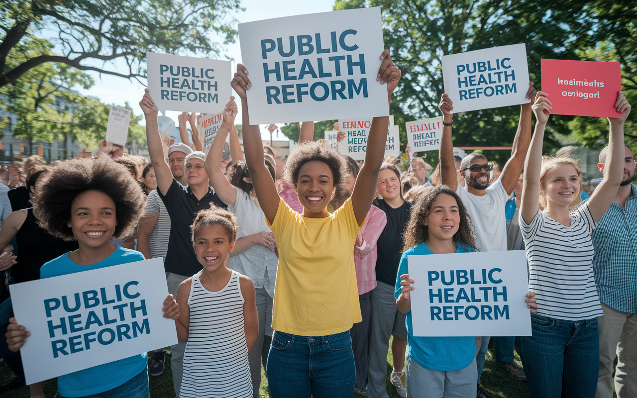 A vibrant community rally scene, with diverse individuals holding signs advocating for public health reform. The setting includes an enthusiastic crowd gathered in a park on a sunny day, with banners and colorful visuals promoting healthy living. Children's voices carry in the background, highlighting the involvement of all ages in grassroots efforts to mobilize for change.