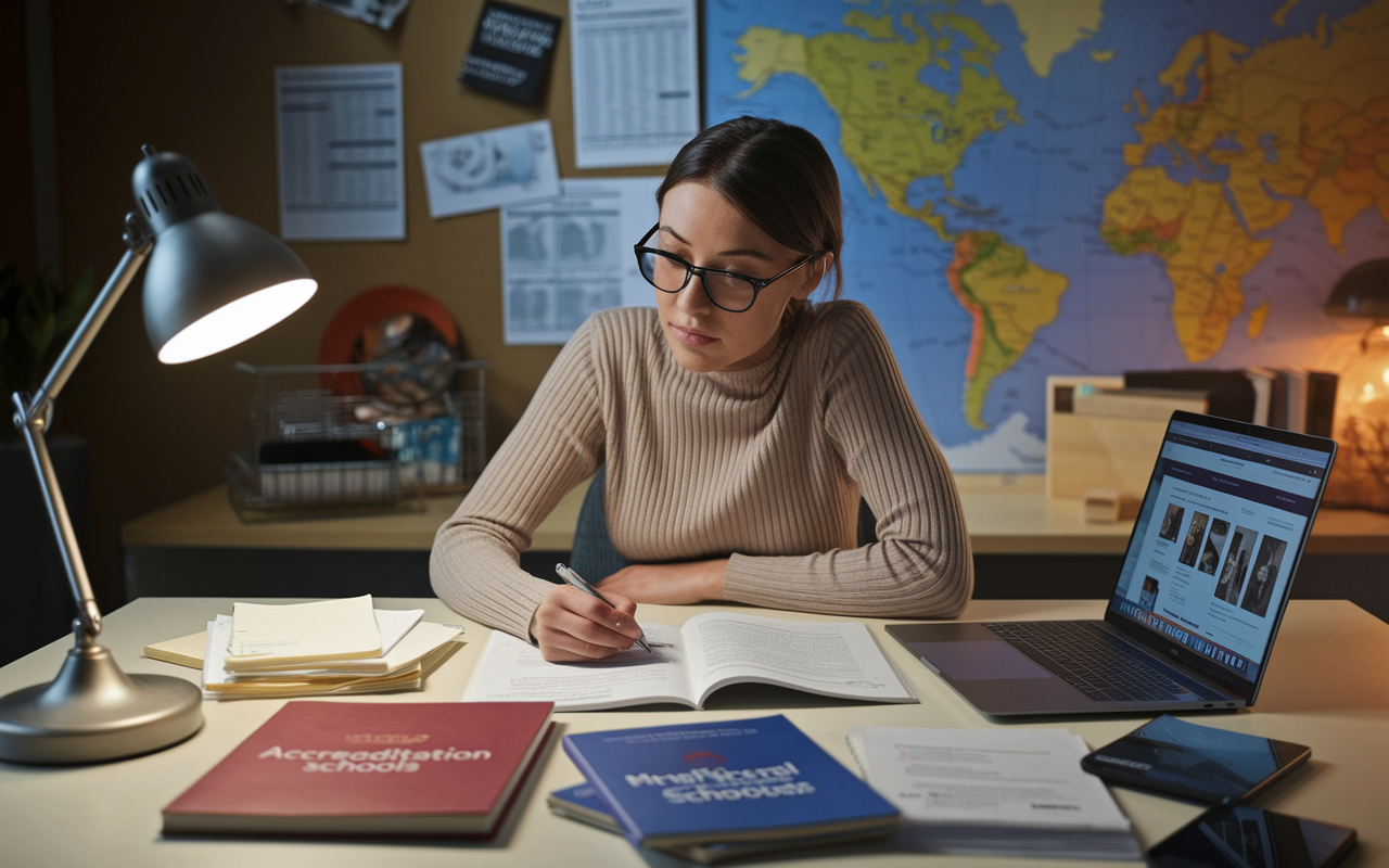 A focused student sitting at a well-organized desk in a study area filled with various accreditation papers and textbooks about medical schools. The environment is warm with soft lighting from a nearby desk lamp, highlighting a map showing various countries with accredited schools. There are notes and a laptop open to a website with accreditation information, conveying an atmosphere of diligent research and determination to choose the right school.