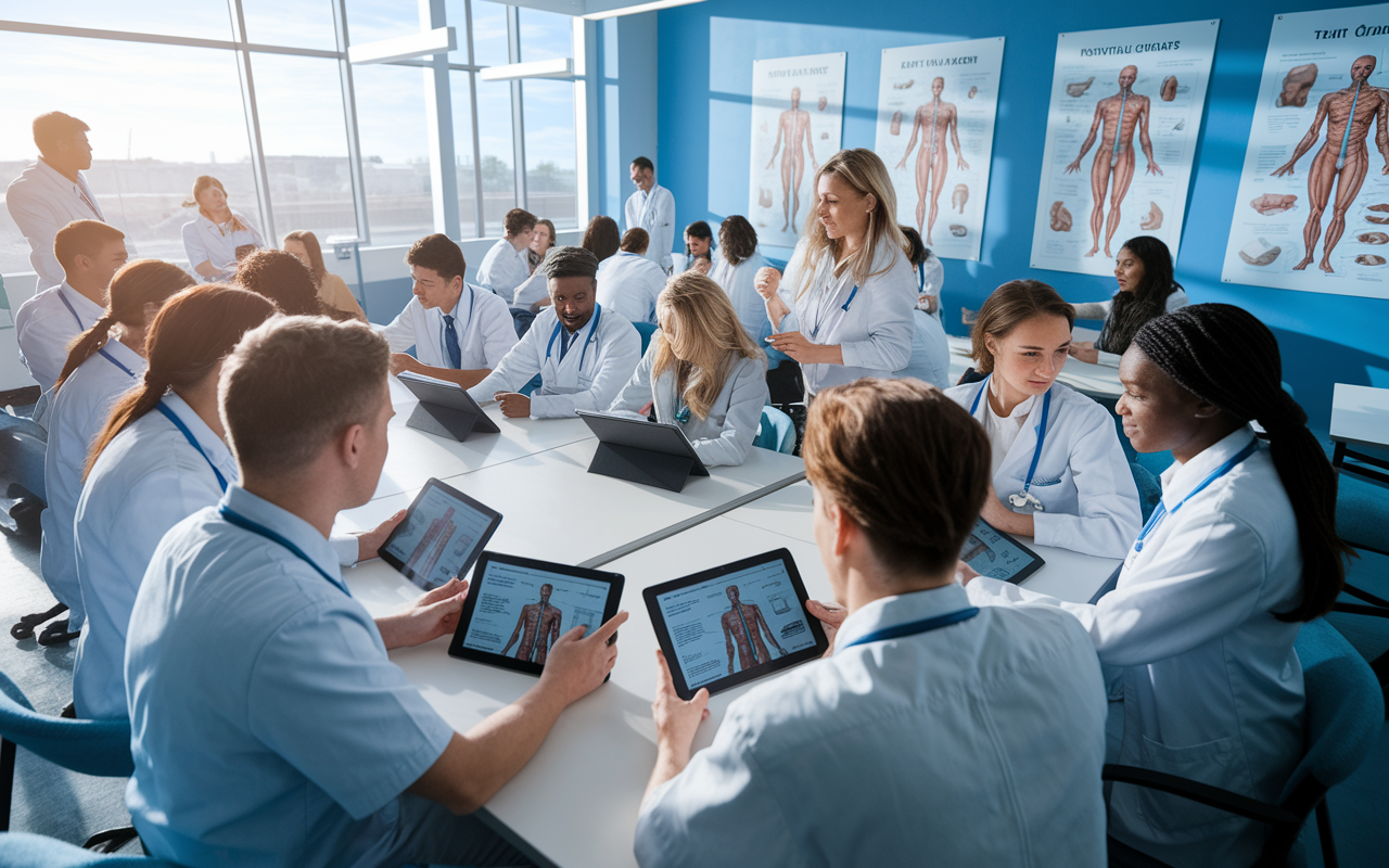 A dynamic classroom scene filled with engaged medical students participating in a problem-based learning (PBL) session. Students are seated in groups around a large table with clinical case scenarios displayed on tablets. The atmosphere is interactive and collaborative, with bright, natural lighting coming through large windows. On the walls, anatomical charts and diagrams enhance the learning experience, creating an energetic and innovative educational environment.