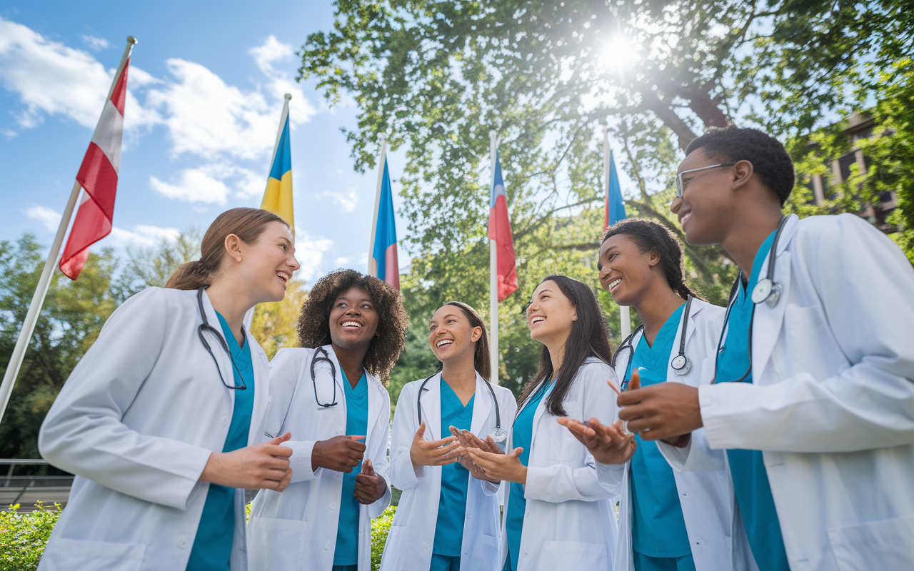 A vibrant scene depicting a multicultural group of medical students enjoying an outdoor gathering at their campus. They are sharing ideas and experiences, with flags from their respective countries visible in the background. The atmosphere is filled with laughter and camaraderie under a clear blue sky, with dappled sunlight filtering through nearby trees, symbolizing unity and inclusivity in their learning environment.