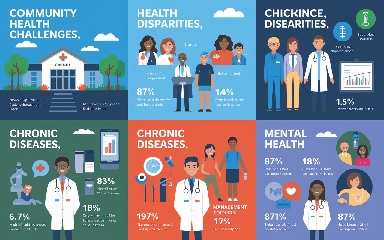 An infographic-style illustration showing various community health challenges that physicians address, such as access to care, health disparities, chronic diseases, and mental health issues. Each section features representative icons and statistics, such as a rural clinic, diverse patient groups, diabetes management tools, and mental health support symbols. The colors are bold and eye-catching, designed to inform and engage viewers about these critical health issues.