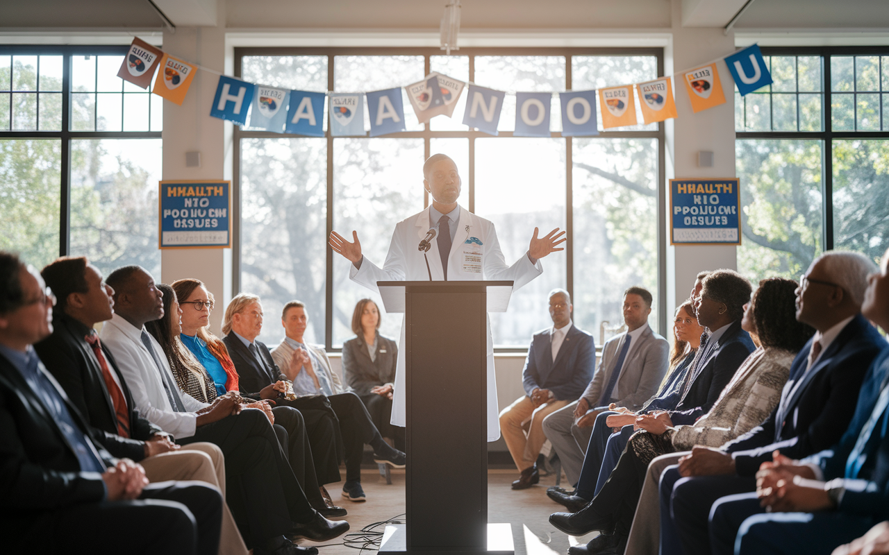 A physician in a white coat standing at a podium, delivering a passionate speech to a gathering of community members and local lawmakers. The setting is a bright community hall decorated with health awareness banners and campaign signs. The audience is diverse in age and background, visibly engaged in the discussion about health policy issues. The atmosphere is one of hope and determination, with sunlight pouring in through large windows behind the speaker.