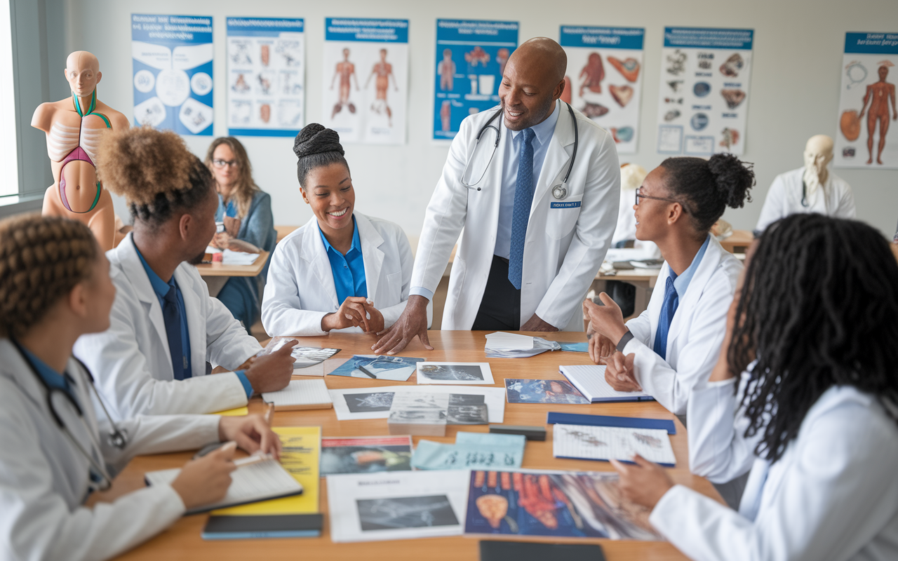 A classroom scene where a physician is mentoring a group of enthusiastic medical students around a large table filled with resources and materials about health policy. The room is filled with anatomical models and posters about community health initiatives. The doctor is animatedly discussing strategies, and the students are actively taking notes and asking questions, surrounded by a sense of intellectual curiosity and commitment to social change.