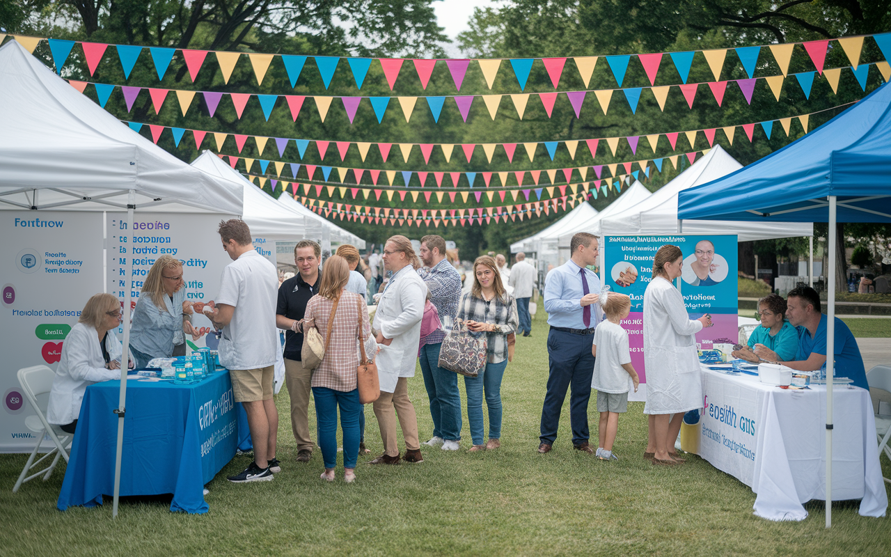 A vibrant outdoor community event featuring physicians collaborating with local organizations, providing health screenings and educational workshops. Families are interacting with healthcare professionals at various booths, discussing health topics and resources. Colorful banners and tents create a festive atmosphere, fostering trust and engagement between the health providers and community members.