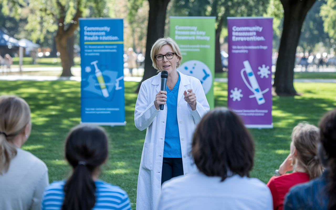 A passionate physician advocating for a public health initiative in front of a small crowd at a community health fair. The physician, a middle-aged woman with glasses, is speaking animatedly, holding a microphone. Behind her, banners display messages about vaccination and disease prevention. The audience consists of families and individuals listening attentively, with a sunny park setting enhancing the atmosphere of community engagement.