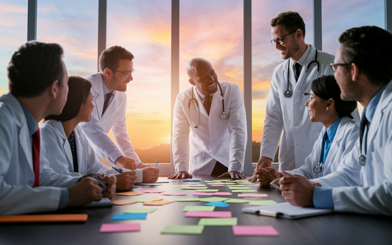 A group of physicians gathered around a conference table, brainstorming creative solutions to healthcare challenges. The scene captures a mix of excitement and determination on their faces, with colorful post-it notes and charts scattered across the table. Warm lighting creates an inviting atmosphere, with a large window showing a picturesque sunset outside, symbolizing hope and transformation in their professional lives.