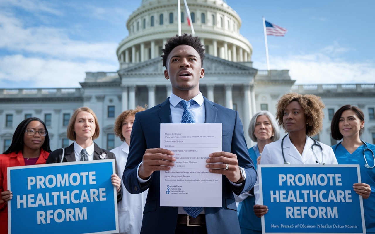 A determined physician standing in front of a government building, holding a petition and surrounded by fellow health professionals advocating for healthcare reform. The physician, a young man in a suit, is addressing a small crowd. Bright banners promote healthcare rights. The scene evokes a sense of activism and community, with clear blue skies symbolizing hope for change.