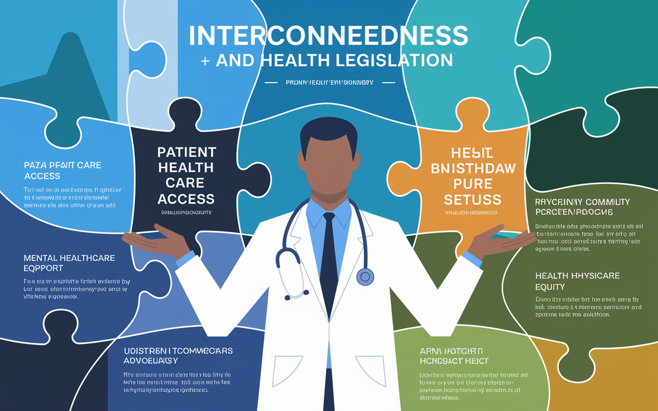 A visually striking infographic showing the interconnectedness of healthcare and health legislation. The foreground features a physician with a stethoscope, surrounded by puzzle pieces depicting various health policy issues, such as patient care access, mental health support, and healthcare equity. The background is filled with a gradient of blues and greens, symbolizing vitality and community health, while text overlays highlight key data points about physician advocacy.