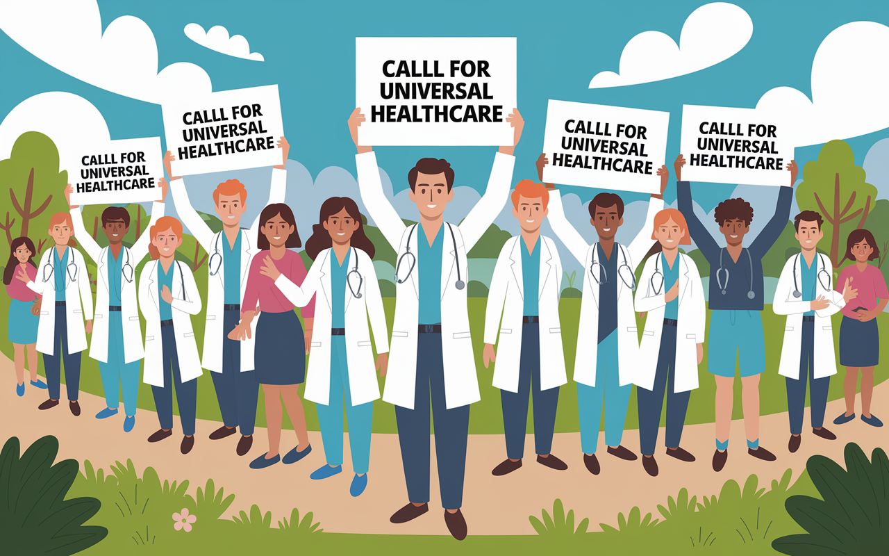 A vibrant outdoor scene of physicians participating in a grassroots health advocacy campaign. They are gathered in a community park, holding signs calling for universal healthcare, with diverse community members engaging and sharing their stories. The sky is bright blue with fluffy clouds, hinting at a hopeful and engaging environment. The scene highlights collaboration and public support, emphasizing the strong community connection to health issues.