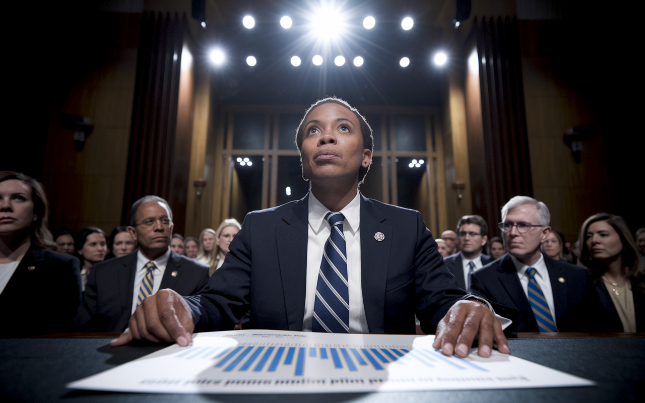 An impactful moment captured during a legislative hearing where a physician passionately testifies about the healthcare needs of their patients. The physician, in a professional suit, is at the forefront, with a focused expression as they hold a chart demonstrating patient experiences. The legislative committee behind is composed of lawmakers listening intently. Soft spotlighting emphasizes the physician, creating a dramatic atmosphere of advocacy and influence.