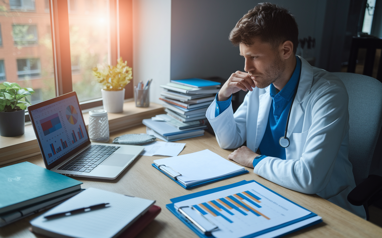 A thoughtful physician in a cozy office setting, dedicating time to writing a policy brief. The desk is cluttered with medical journals, notes, and a laptop open with graphs and data on the screen. A window shows sunlight pouring in, casting a warm glow, representing inspiration and intellect. The atmosphere reflects a commitment to research and advocacy for health disparities, embodying the critical role of physicians in influencing health policy.