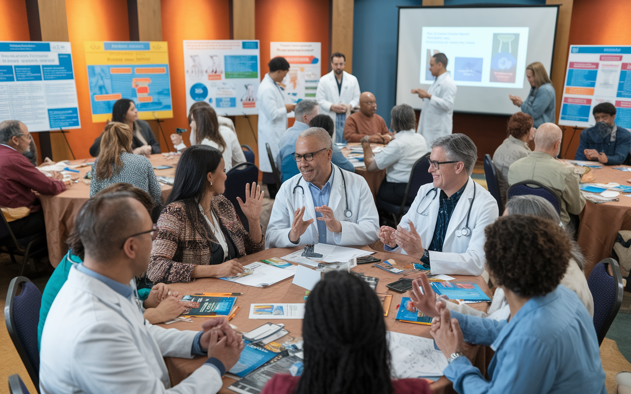 An engaging community workshop led by passionate physicians addressing local health concerns. The venue is filled with diverse community members actively participating, with visual aids and informative brochures scattered on tables. Bright, engaging posters detail health topics, and a projector displays relevant data. The warm lighting fosters a collaborative environment, symbolizing the importance of community engagement in health advocacy.