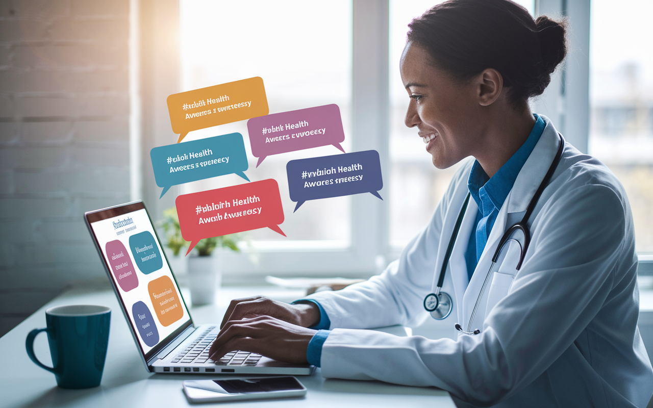 A physician sitting at a modern desk with a laptop opened, actively engaging with social media for health advocacy. The screen displays colorful graphics and hashtags related to public health awareness. A coffee mug is beside the computer, while bright natural light pours through the window. The physician has a determined expression, showing the powerful role social media plays in mobilizing support for critical health topics.