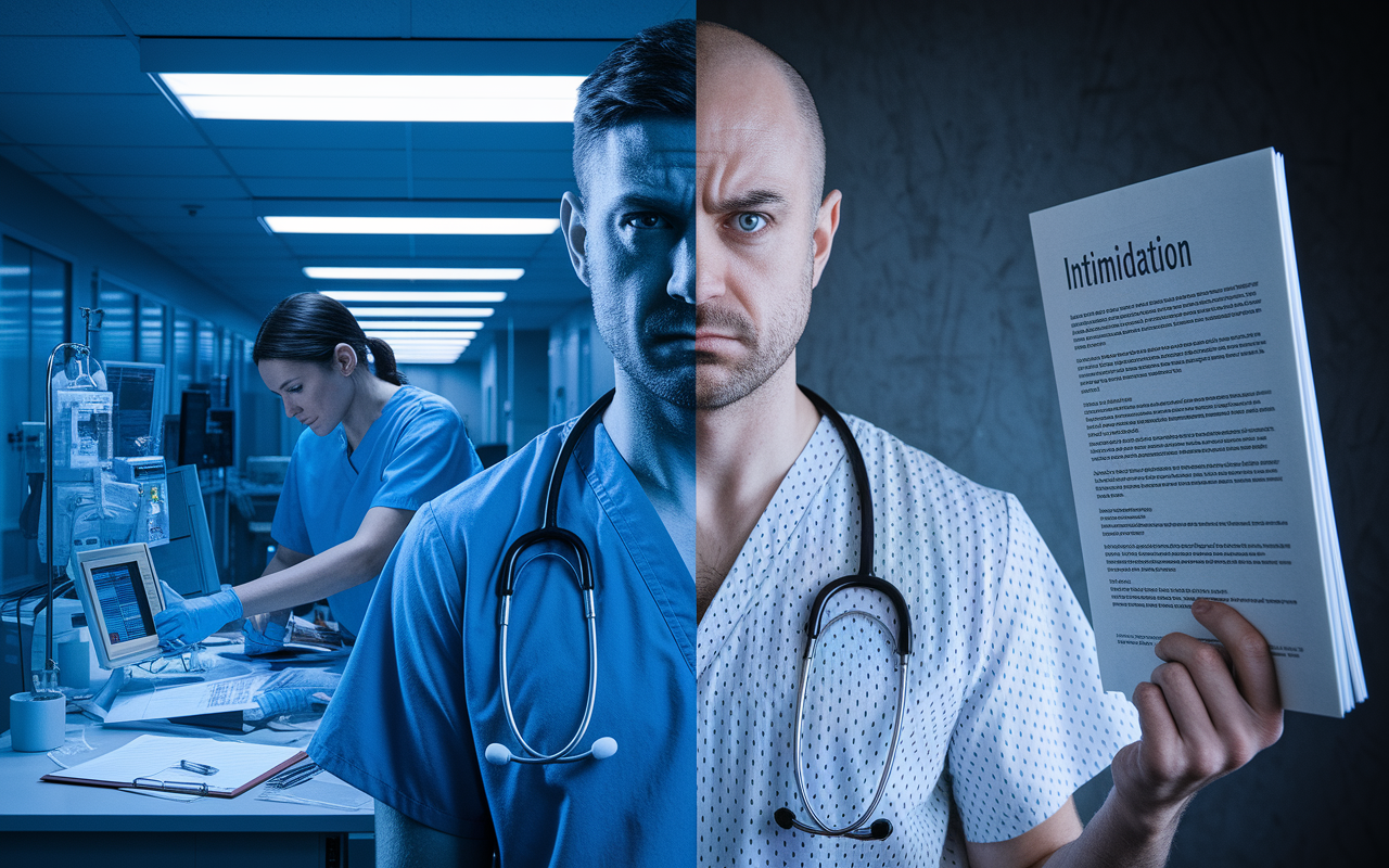 A split-image collage highlighting the common challenges physicians face in health advocacy. One side depicts a busy physician in scrubs handling numerous tasks in a hospital; the other side shows a confused physician looking at a legislative document, symbolizing intimidation. The contrasting visuals under a stark, dramatic light suggest the tension between clinical duties and advocacy efforts.