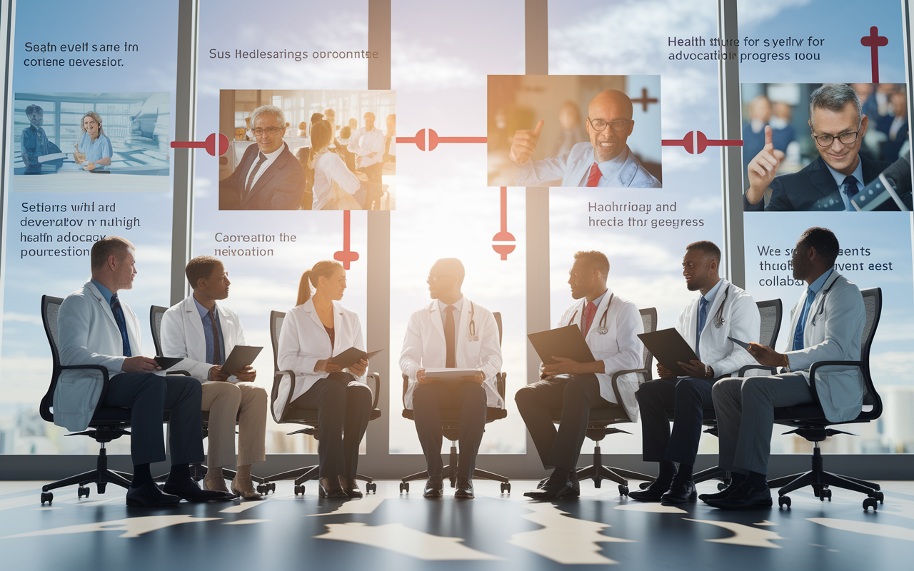 A thoughtful representation of empowered physicians sitting together in a brainstorming session, surrounded by visual aids and legislative documents showcasing healthcare issues. The atmosphere is bright and hopeful, capturing diversity and collaboration. The background has a wide window with sunlight pouring in, symbolizing a bright future for health advocacy and public health progress.