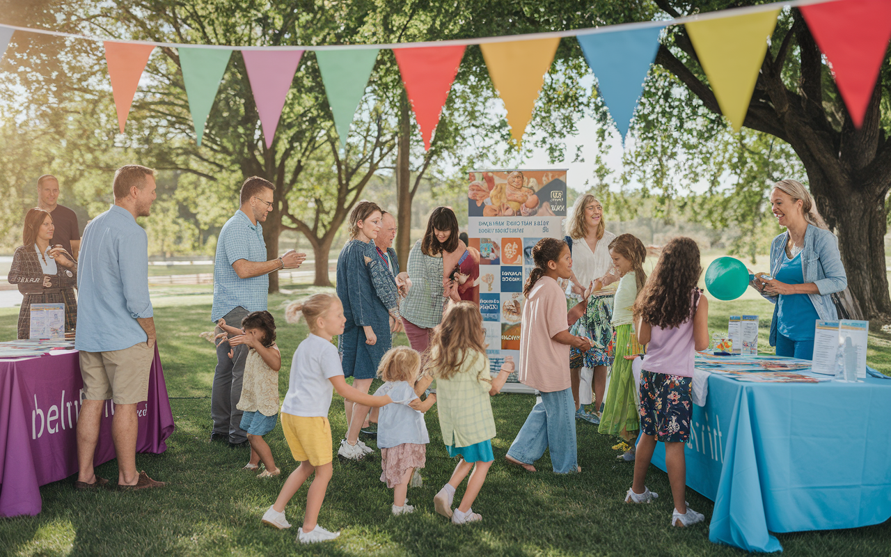 A community health event in an outdoor park, with diverse families engaging in health-related activities. Children are playing while adults gather around informational booths displaying brochures on nutrition and physical fitness. Colorful banners promoting healthy living are hanging from trees, and a local health expert is giving a presentation, using engaging visuals and interactive activities. The setting is sunny and warm, with smiles and active participation conveying a spirit of community health and wellness.